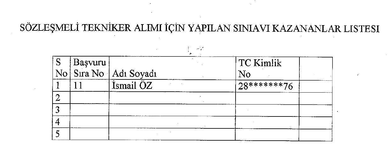SÖZLEŞMELİ TEKNİKER ALIMI İÇİN YAPILAN SINAVI KAZANANLAR LİSTESİ